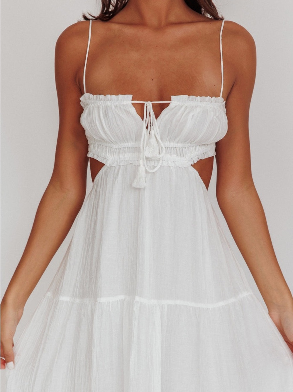 Indikah Cutout White Maxi Dress with Spaghetti Straps